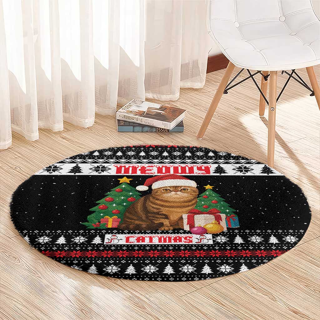 Meowy Catmas Round Carpet with Tabby Cat Santa Hat and Christmas Tree Gift Pattern Design - Wonder Print Shop