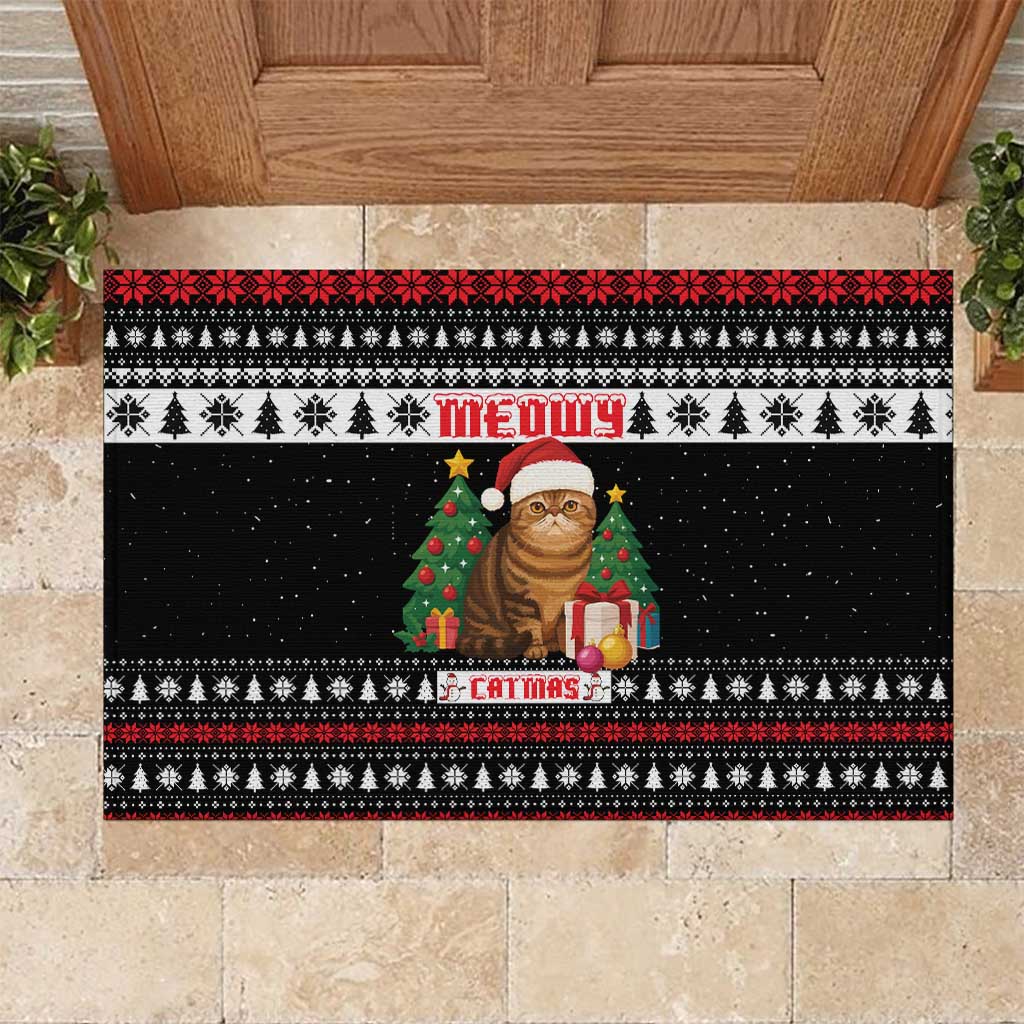 Meowy Catmas Rubber Doormat with Tabby Cat Santa Hat and Christmas Tree Gift Pattern Design - Wonder Print Shop