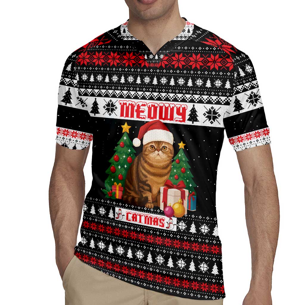 Meowy Catmas Rugby Jersey with Tabby Cat Santa Hat and Christmas Tree Gift Pattern Design - Wonder Print Shop