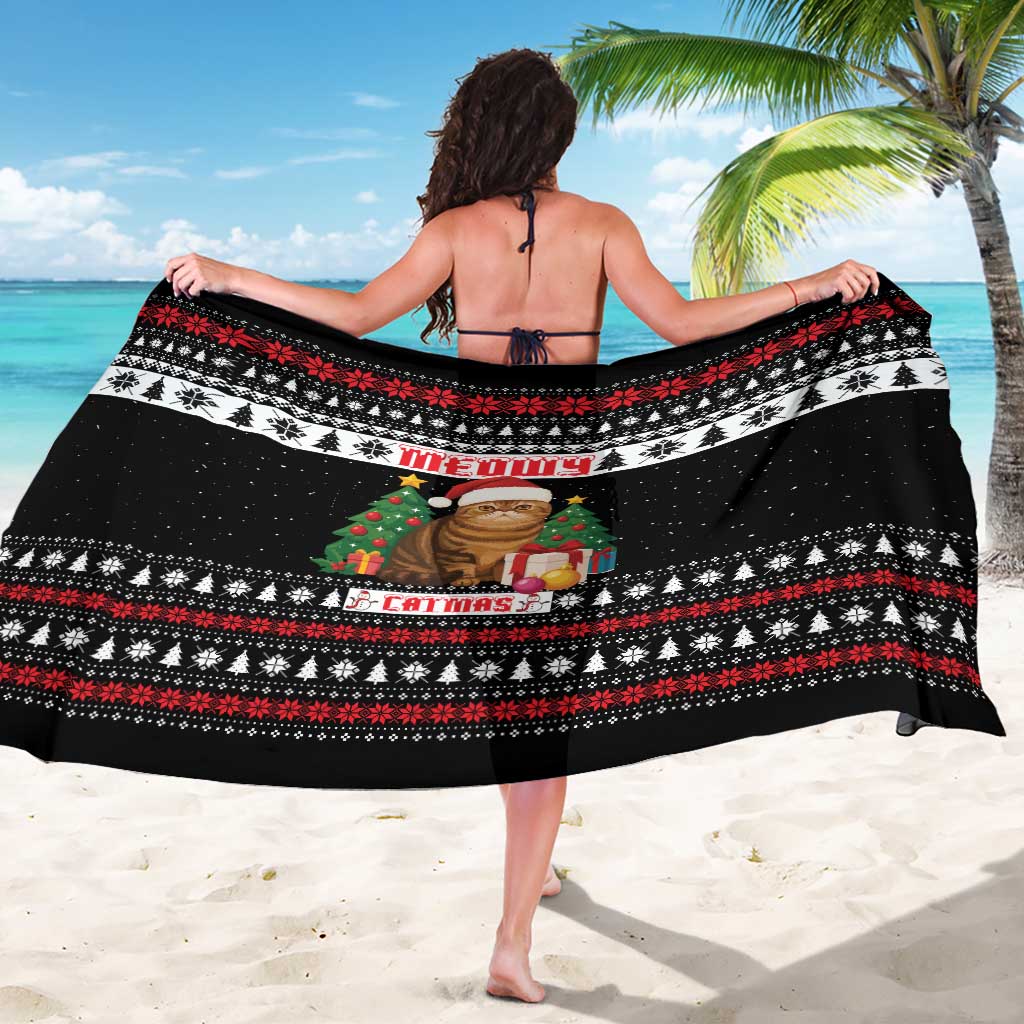 Meowy Catmas Sarong with Tabby Cat Santa Hat and Christmas Tree Gift Pattern Design - Wonder Print Shop