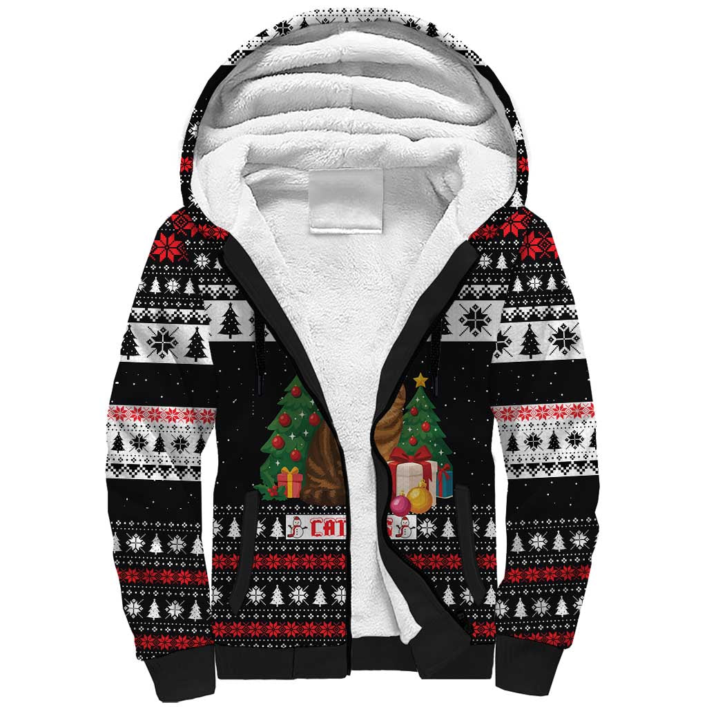 Meowy Catmas Sherpa Hoodie with Tabby Cat Santa Hat and Christmas Tree Gift Pattern Design - Wonder Print Shop