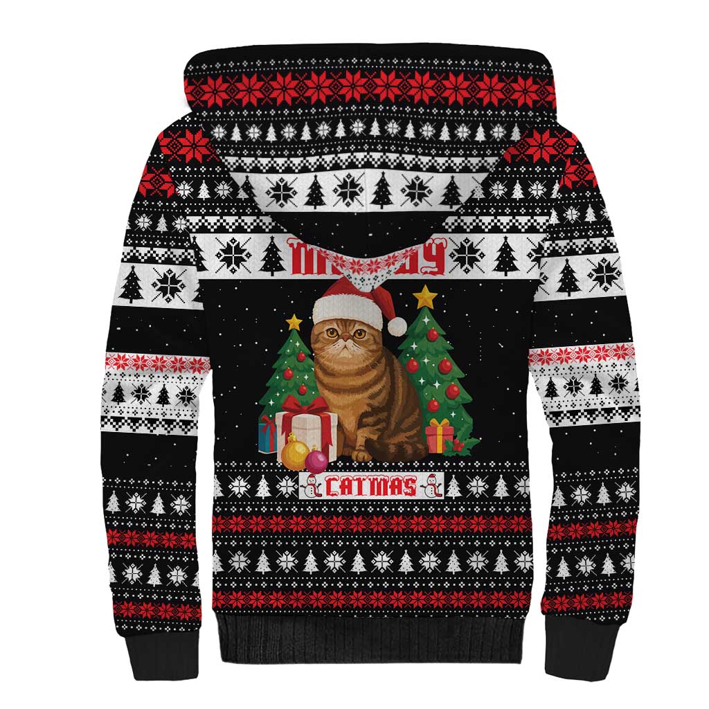 Meowy Catmas Sherpa Hoodie with Tabby Cat Santa Hat and Christmas Tree Gift Pattern Design - Wonder Print Shop