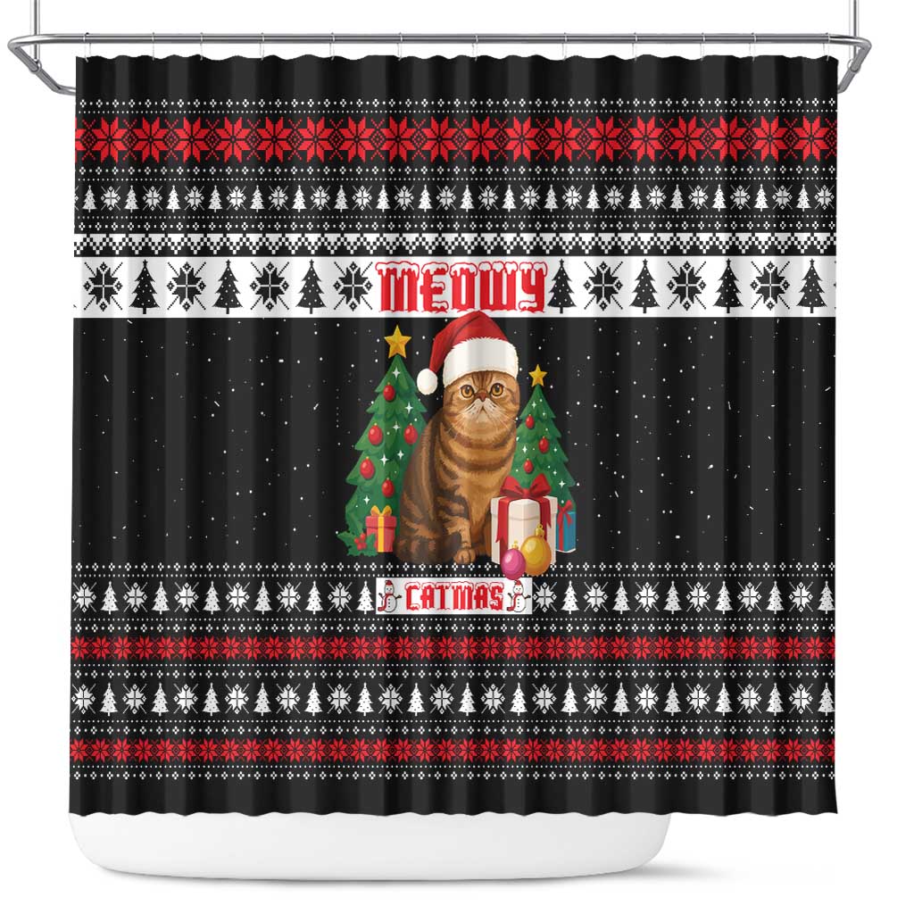 Meowy Catmas Shower Curtain with Tabby Cat Santa Hat and Christmas Tree Gift Pattern Design - Wonder Print Shop