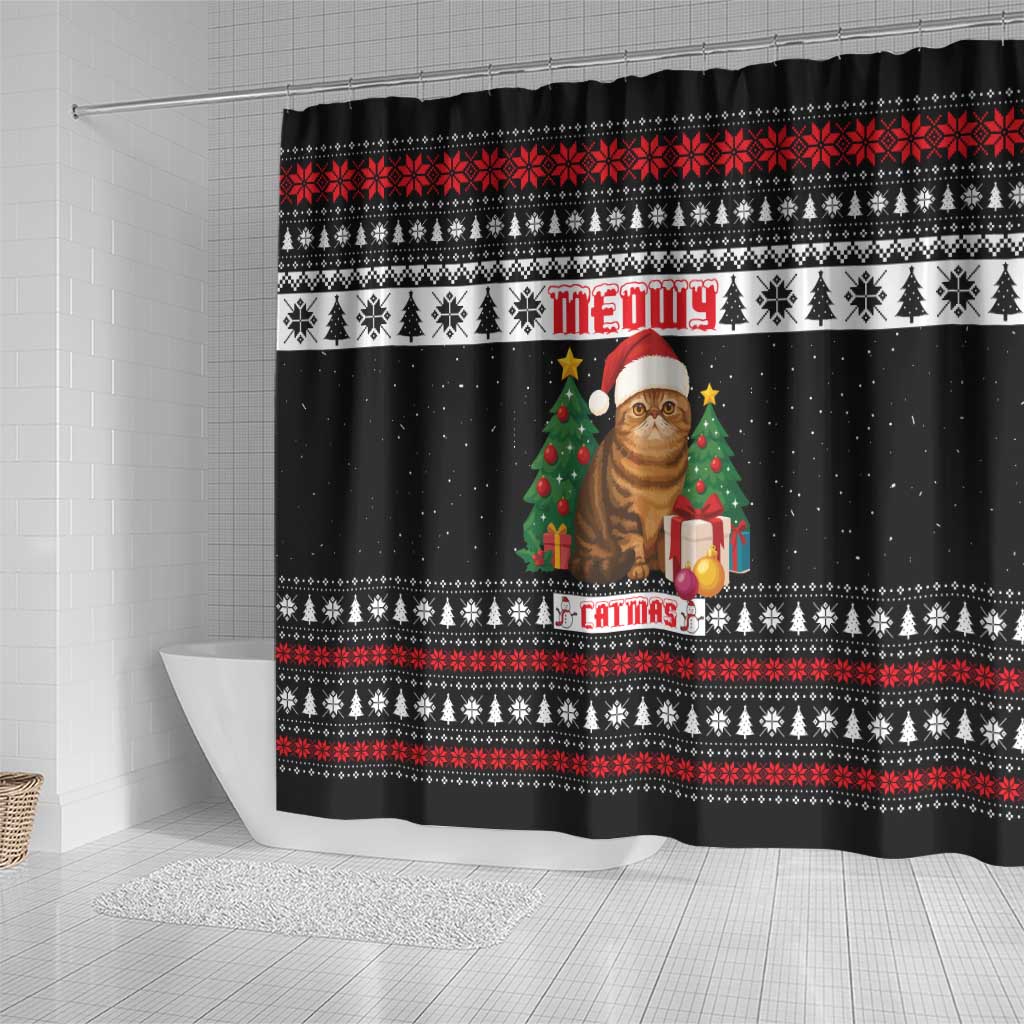 Meowy Catmas Shower Curtain with Tabby Cat Santa Hat and Christmas Tree Gift Pattern Design - Wonder Print Shop