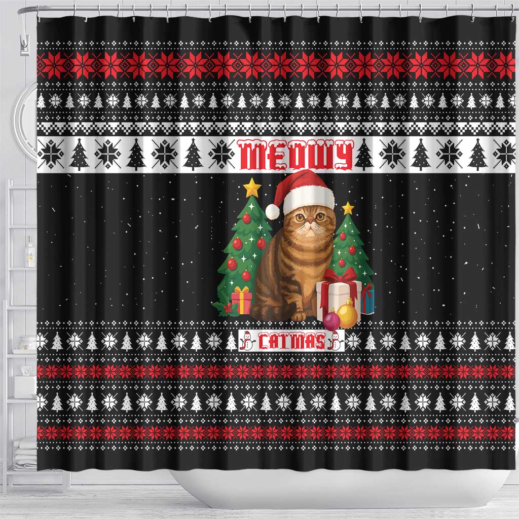 Meowy Catmas Shower Curtain with Tabby Cat Santa Hat and Christmas Tree Gift Pattern Design - Wonder Print Shop