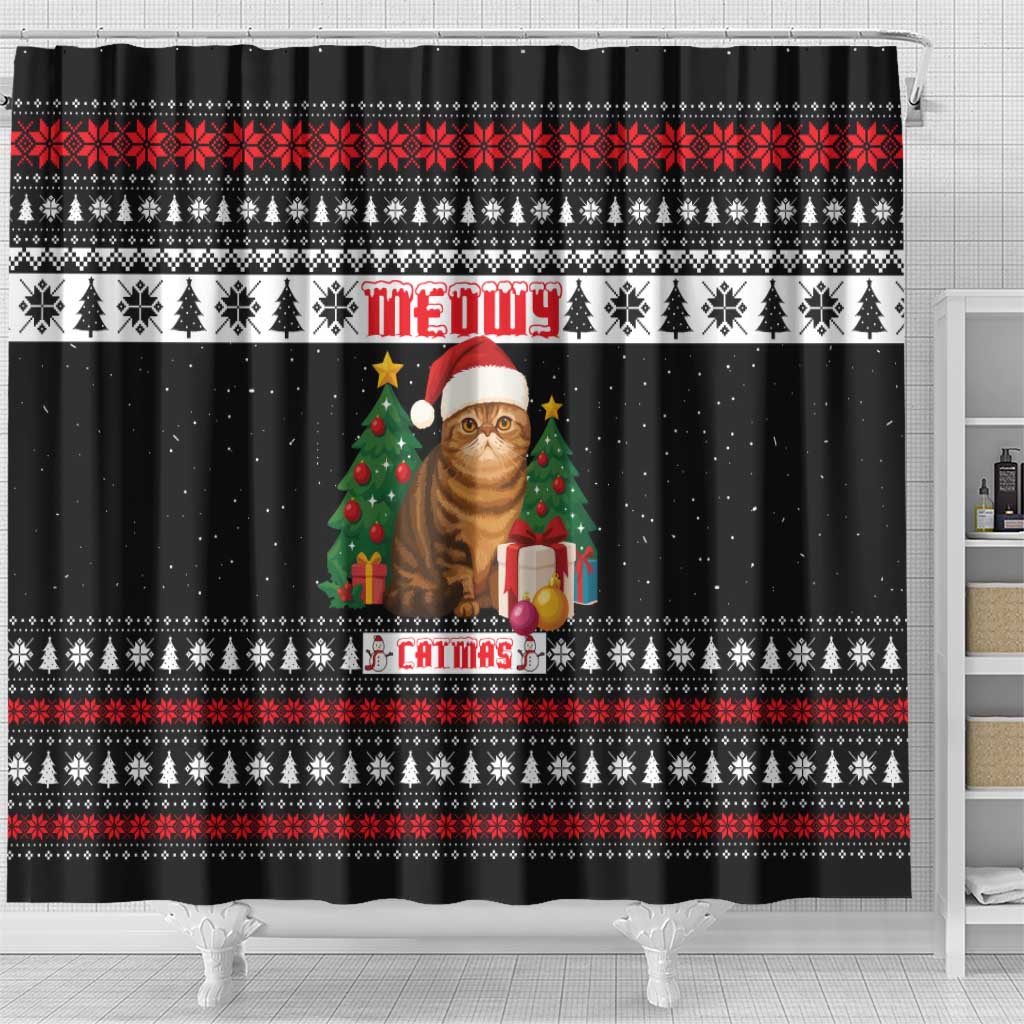 Meowy Catmas Shower Curtain with Tabby Cat Santa Hat and Christmas Tree Gift Pattern Design - Wonder Print Shop