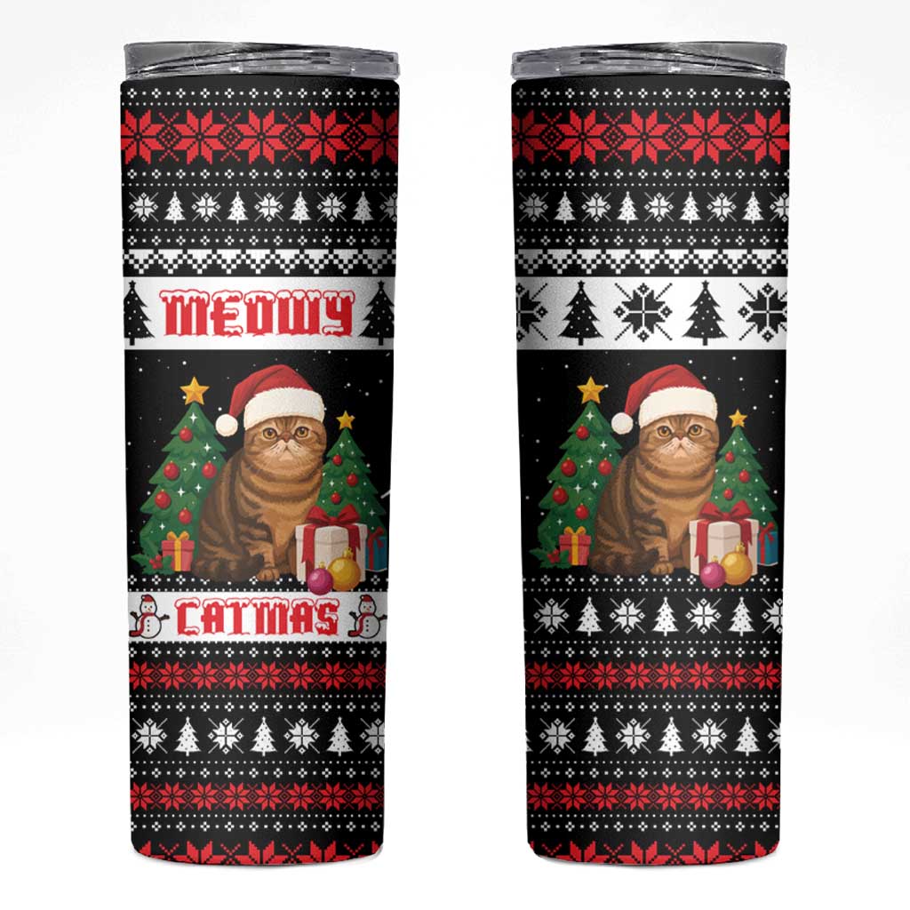 Meowy Catmas Skinny Tumbler with Tabby Cat Santa Hat and Christmas Tree Gift Pattern Design - Wonder Print Shop