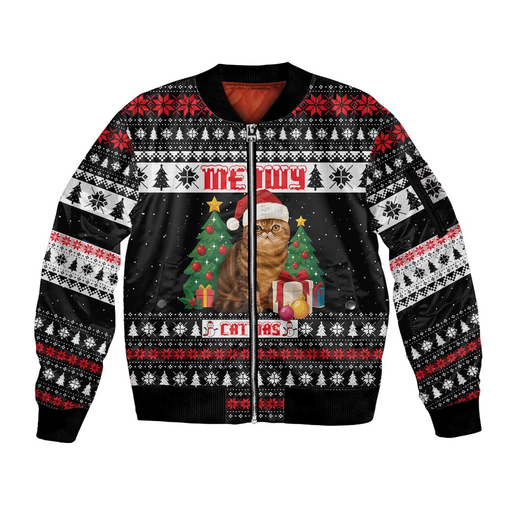 Meowy Catmas Sleeve Zip Bomber Jacket with Tabby Cat Santa Hat and Christmas Tree Gift Pattern Design - Wonder Print Shop