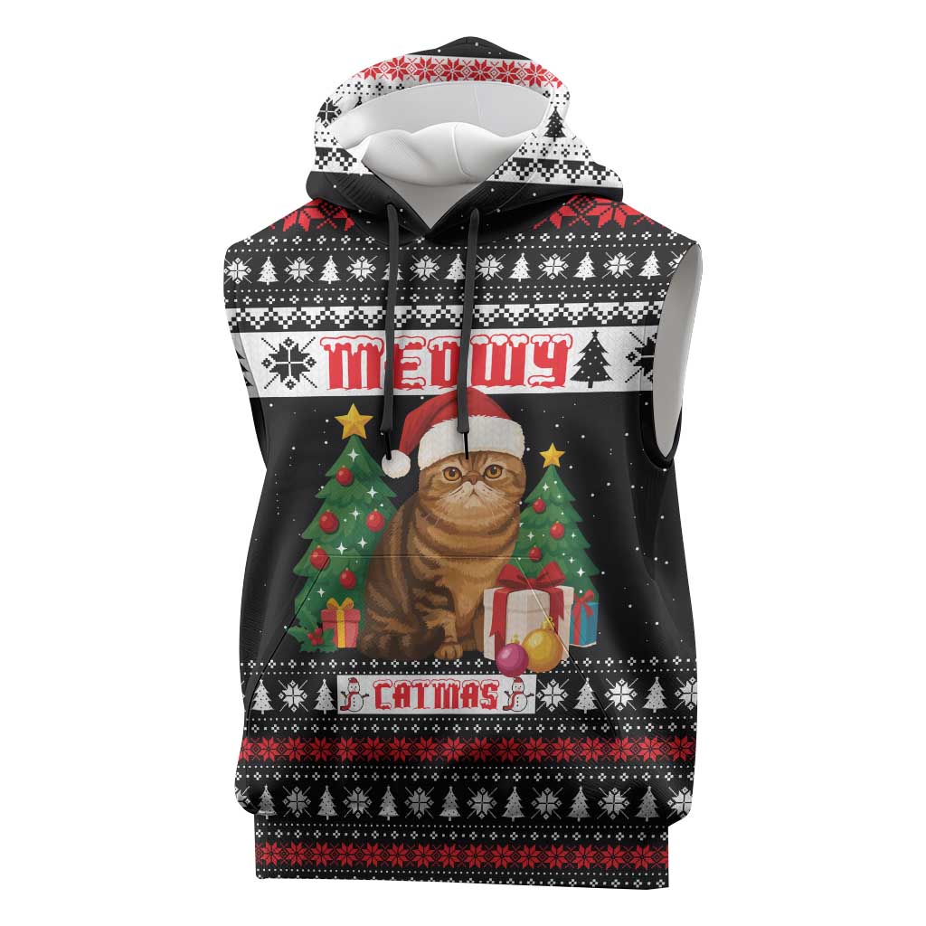 Meowy Catmas Sleeveless Hoodie with Tabby Cat Santa Hat and Christmas Tree Gift Pattern Design - Wonder Print Shop