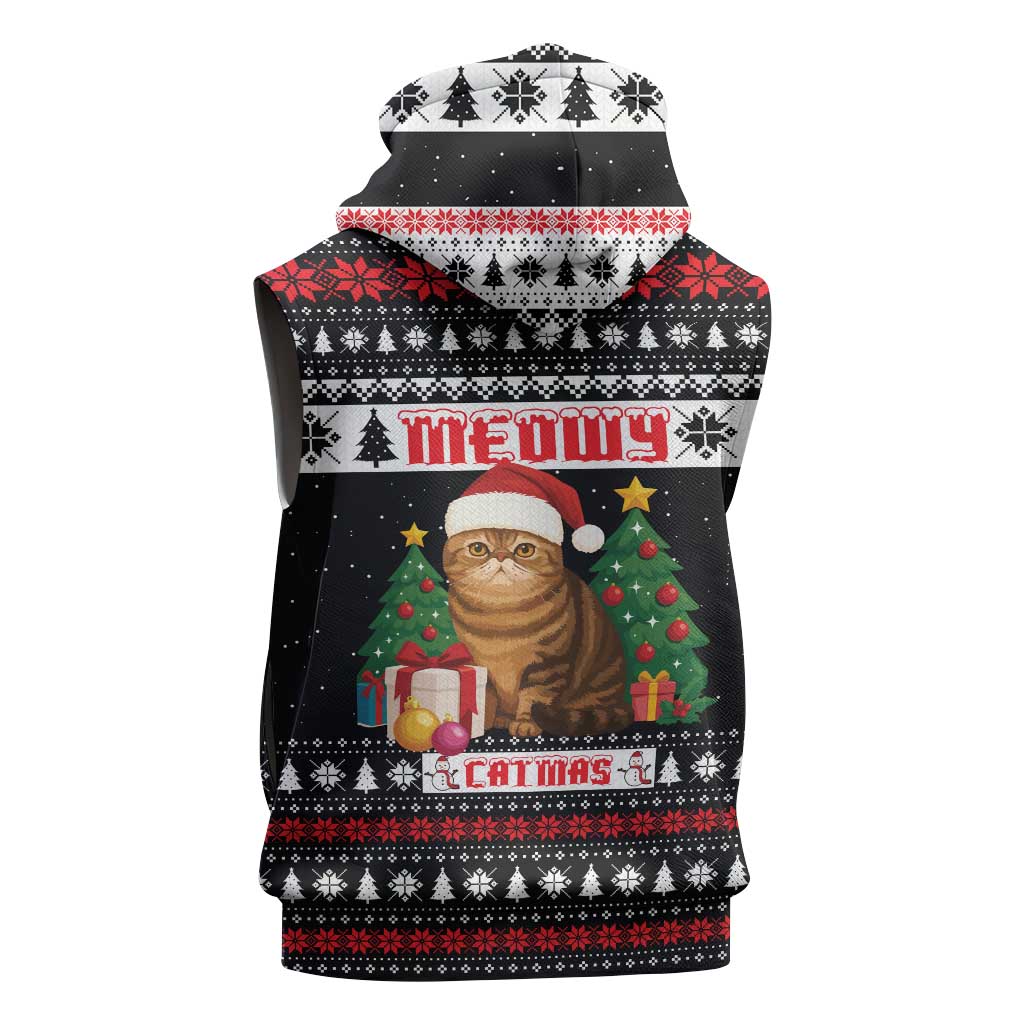 Meowy Catmas Sleeveless Hoodie with Tabby Cat Santa Hat and Christmas Tree Gift Pattern Design - Wonder Print Shop