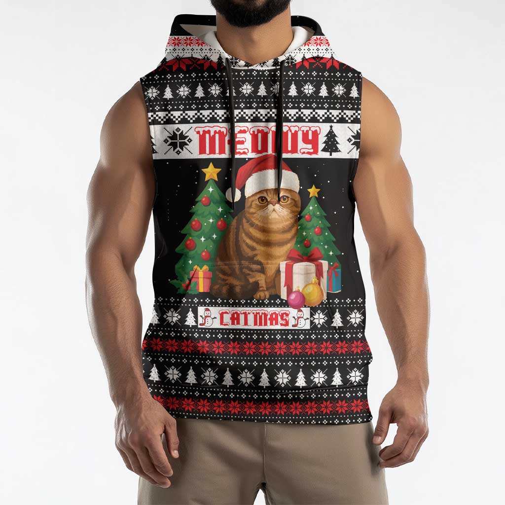 Meowy Catmas Sleeveless Hoodie with Tabby Cat Santa Hat and Christmas Tree Gift Pattern Design - Wonder Print Shop