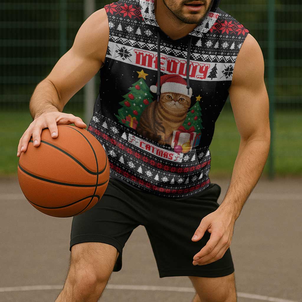 Meowy Catmas Sleeveless Hoodie with Tabby Cat Santa Hat and Christmas Tree Gift Pattern Design - Wonder Print Shop