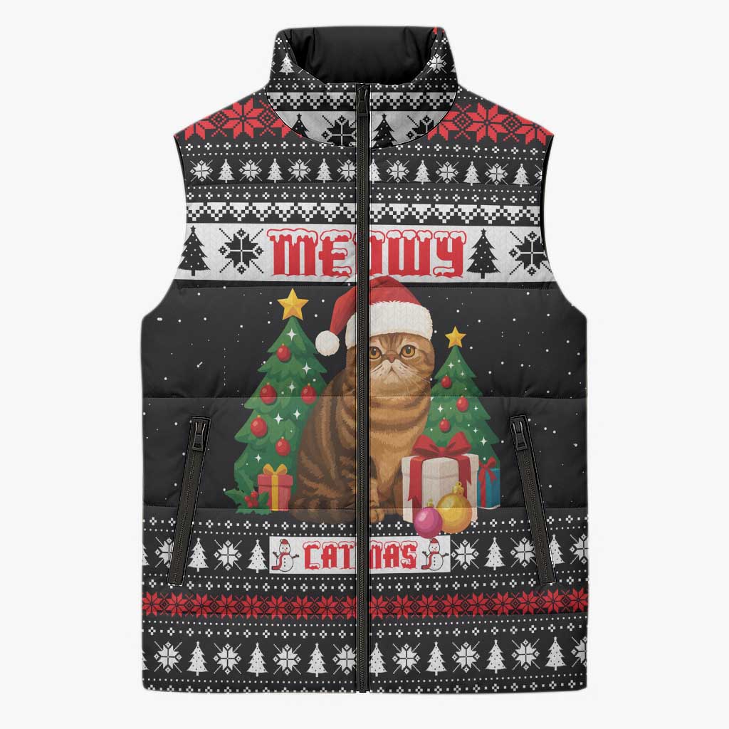 Meowy Catmas Sleeveless Puffer Jacket with Tabby Cat Santa Hat and Christmas Tree Gift Pattern Design - Wonder Print Shop