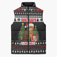 Meowy Catmas Sleeveless Puffer Jacket with Tabby Cat Santa Hat and Christmas Tree Gift Pattern Design - Wonder Print Shop