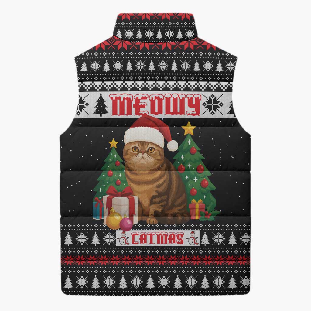 Meowy Catmas Sleeveless Puffer Jacket with Tabby Cat Santa Hat and Christmas Tree Gift Pattern Design - Wonder Print Shop