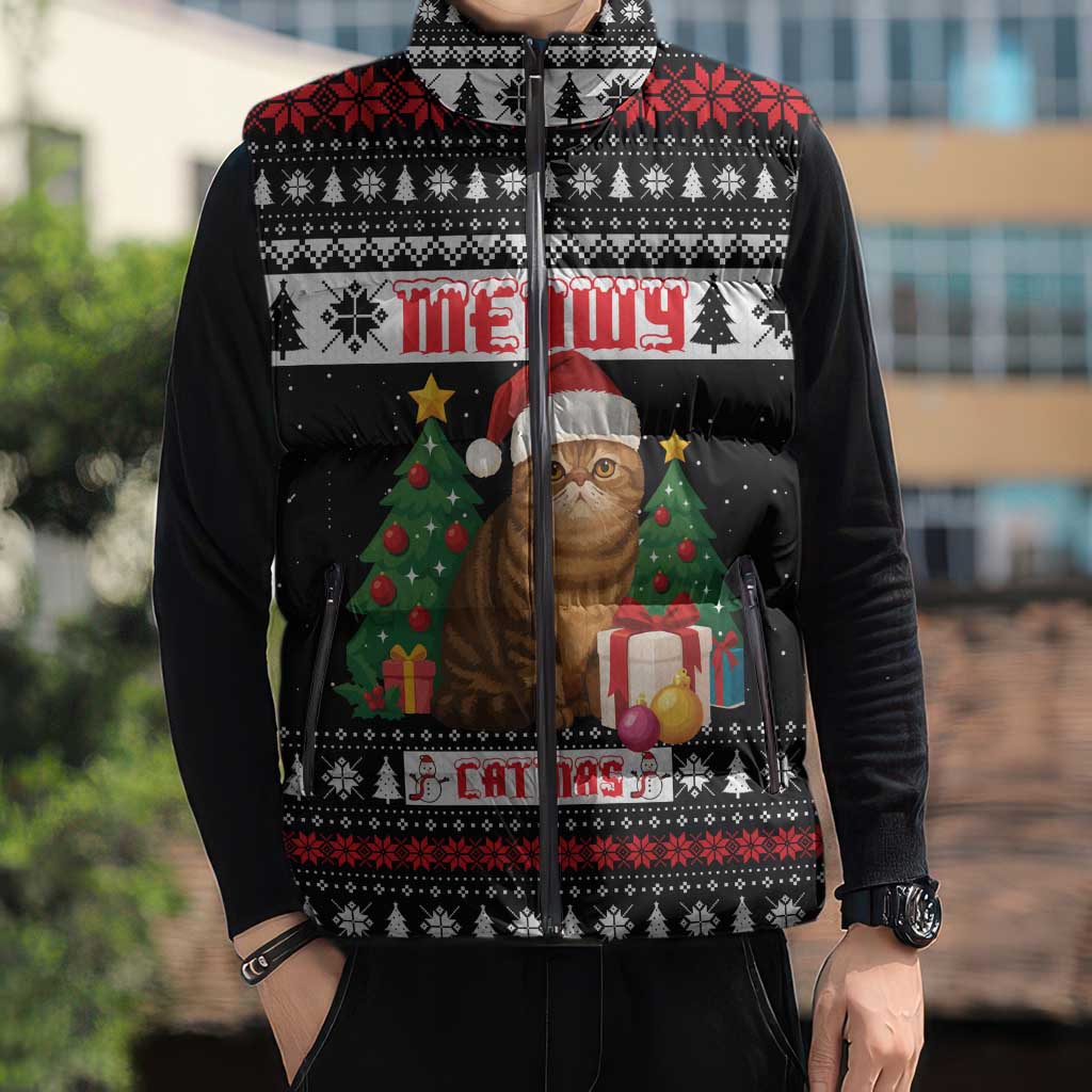 Meowy Catmas Sleeveless Puffer Jacket with Tabby Cat Santa Hat and Christmas Tree Gift Pattern Design - Wonder Print Shop