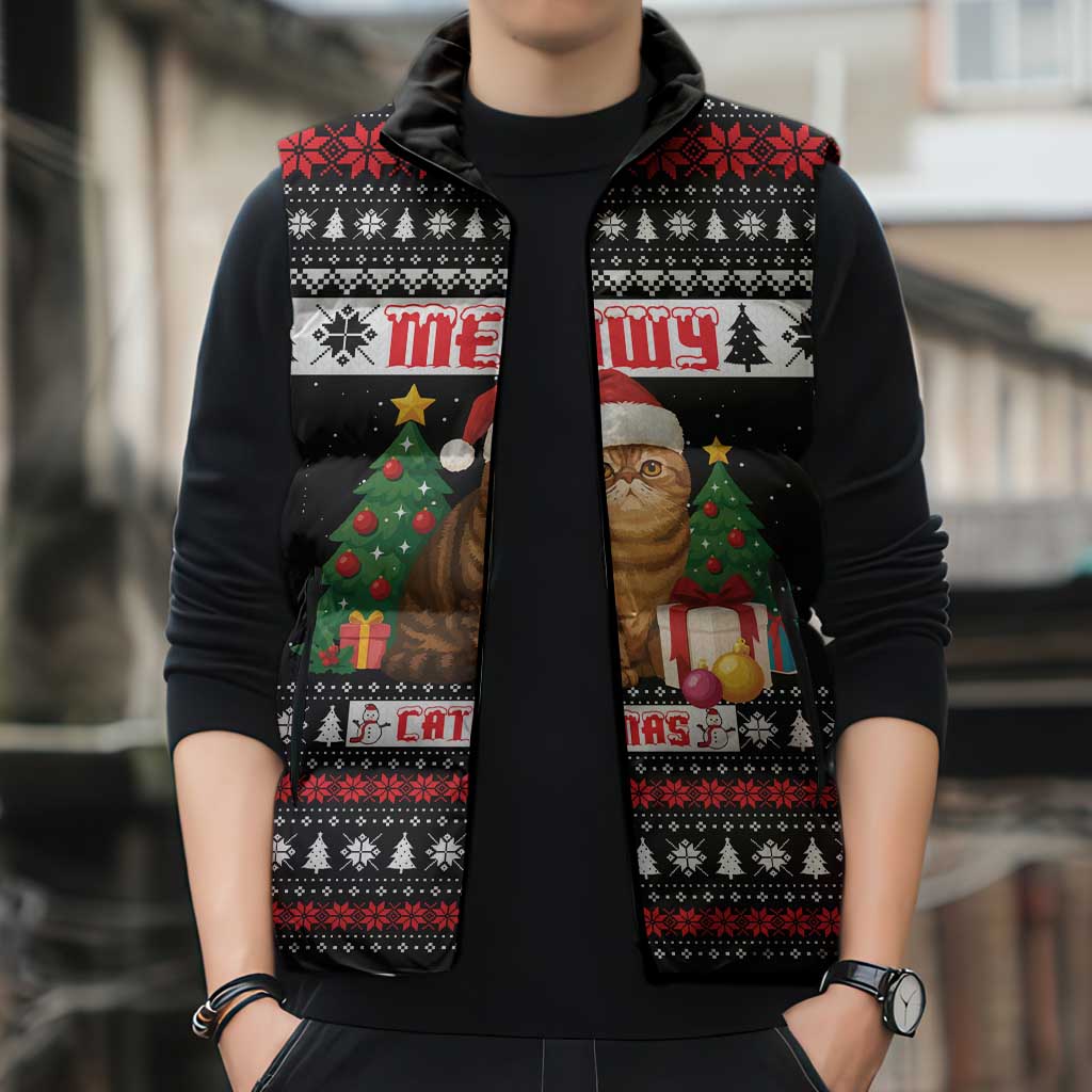 Meowy Catmas Sleeveless Puffer Jacket with Tabby Cat Santa Hat and Christmas Tree Gift Pattern Design - Wonder Print Shop