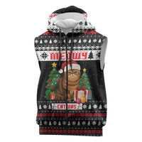 Meowy Catmas Sleeveless Zip Hoodie with Tabby Cat Santa Hat and Christmas Tree Gift Pattern Design - Wonder Print Shop