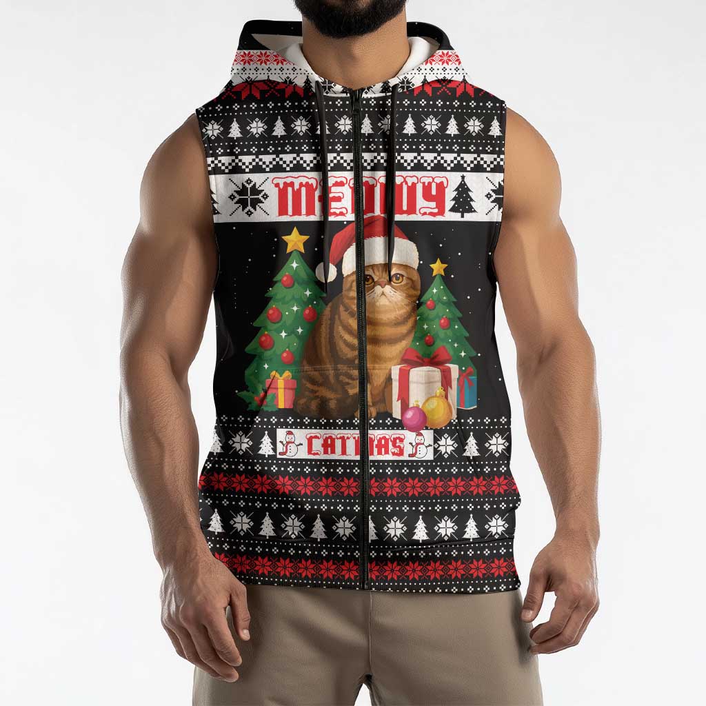 Meowy Catmas Sleeveless Zip Hoodie with Tabby Cat Santa Hat and Christmas Tree Gift Pattern Design - Wonder Print Shop