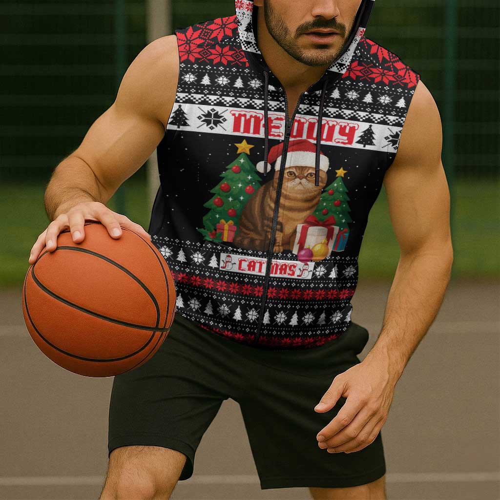 Meowy Catmas Sleeveless Zip Hoodie with Tabby Cat Santa Hat and Christmas Tree Gift Pattern Design - Wonder Print Shop