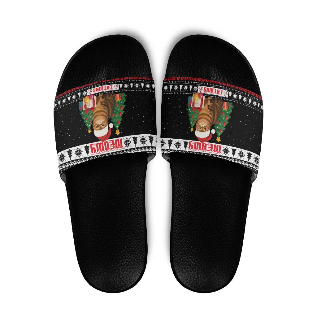 Meowy Catmas Slide Sandals with Tabby Cat Santa Hat and Christmas Tree Gift Pattern Design - Wonder Print Shop