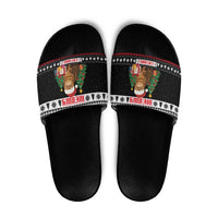 Meowy Catmas Slide Sandals with Tabby Cat Santa Hat and Christmas Tree Gift Pattern Design - Wonder Print Shop