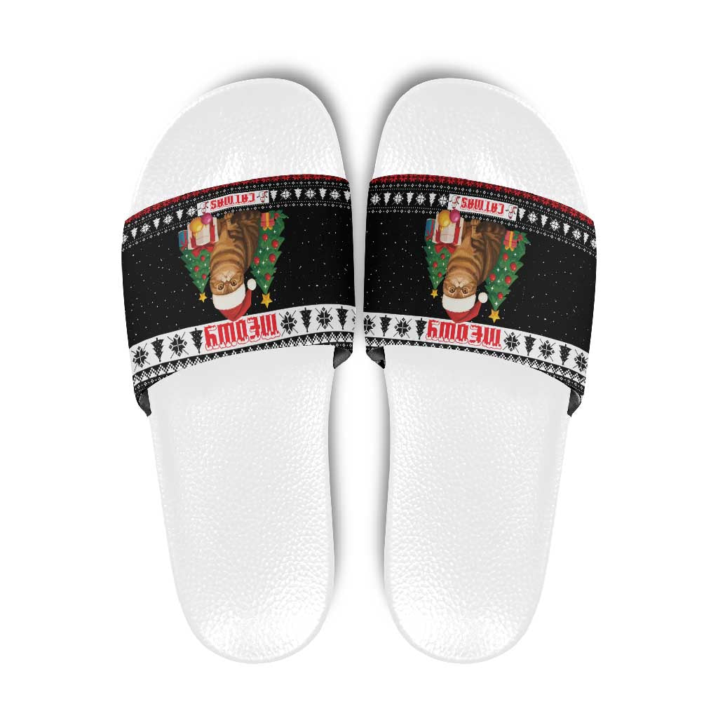 Meowy Catmas Slide Sandals with Tabby Cat Santa Hat and Christmas Tree Gift Pattern Design - Wonder Print Shop
