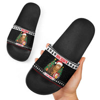 Meowy Catmas Slide Sandals with Tabby Cat Santa Hat and Christmas Tree Gift Pattern Design - Wonder Print Shop