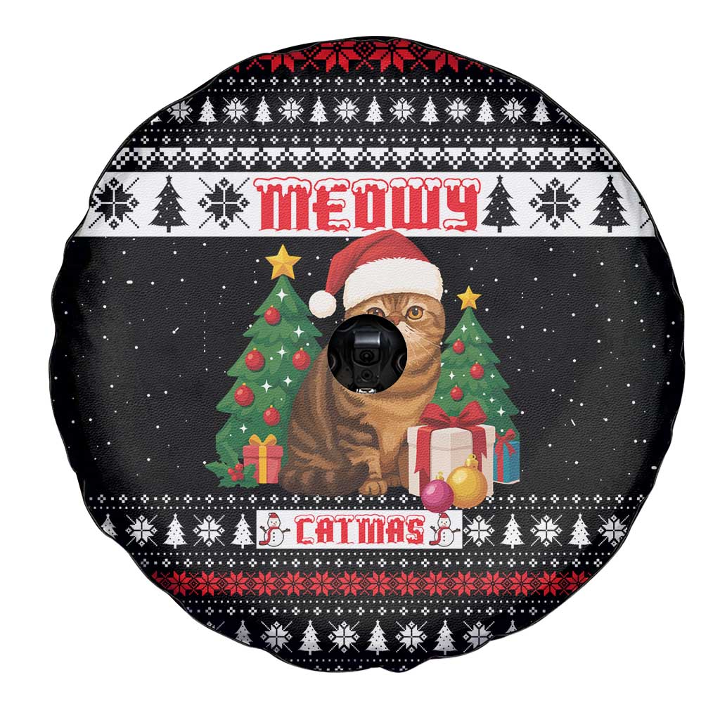 Meowy Catmas Spare Tire Cover with Tabby Cat Santa Hat and Christmas Tree Gift Pattern Design - Wonder Print Shop