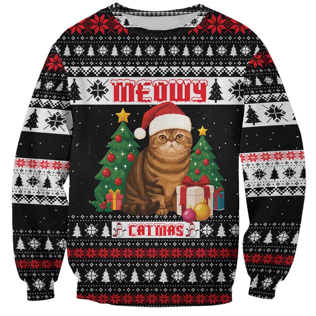 Meowy Catmas Sweatshirt with Tabby Cat Santa Hat and Christmas Tree Gift Pattern Design - Wonder Print Shop