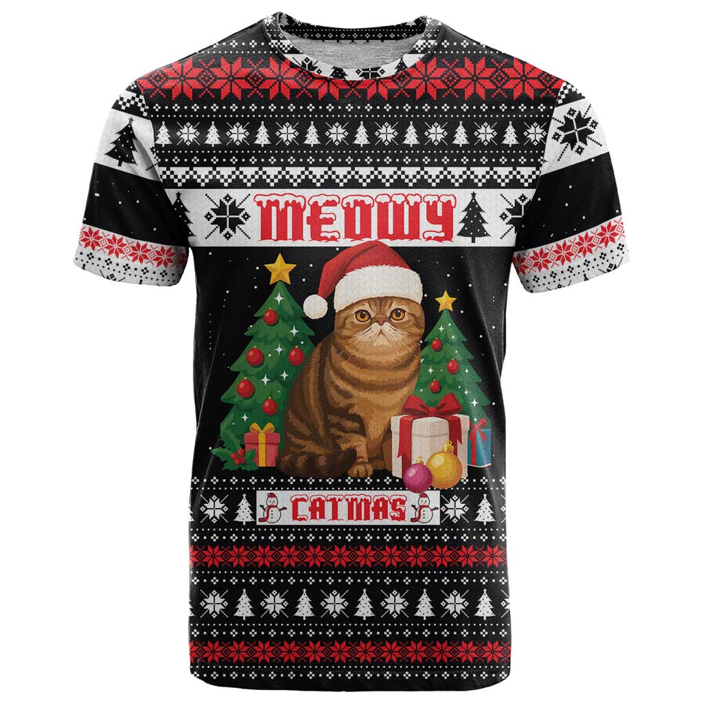 Meowy Catmas T Shirt with Tabby Cat Santa Hat and Christmas Tree Gift Pattern Design - Wonder Print Shop