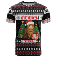Meowy Catmas T Shirt with Tabby Cat Santa Hat and Christmas Tree Gift Pattern Design - Wonder Print Shop
