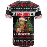 Meowy Catmas T Shirt with Tabby Cat Santa Hat and Christmas Tree Gift Pattern Design - Wonder Print Shop