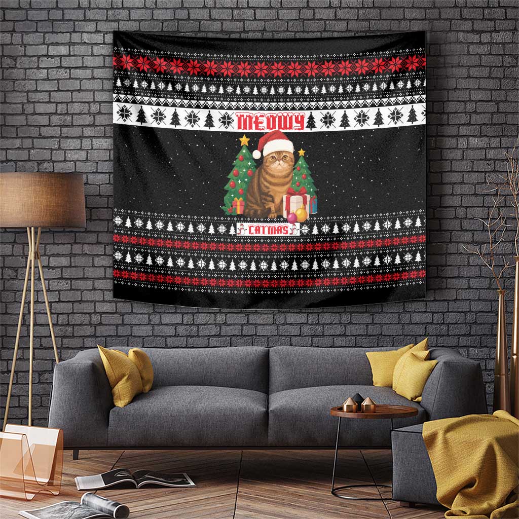 Meowy Catmas Tapestry with Tabby Cat Santa Hat and Christmas Tree Gift Pattern Design - Wonder Print Shop
