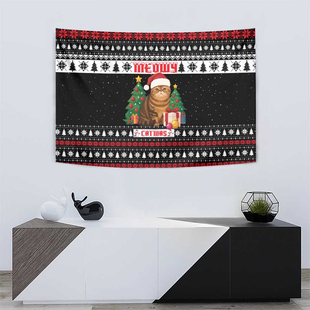 Meowy Catmas Tapestry with Tabby Cat Santa Hat and Christmas Tree Gift Pattern Design - Wonder Print Shop