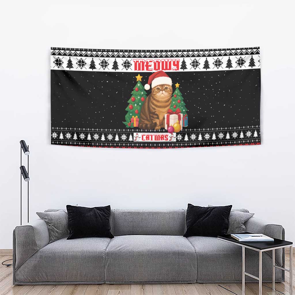 Meowy Catmas Tapestry with Tabby Cat Santa Hat and Christmas Tree Gift Pattern Design - Wonder Print Shop