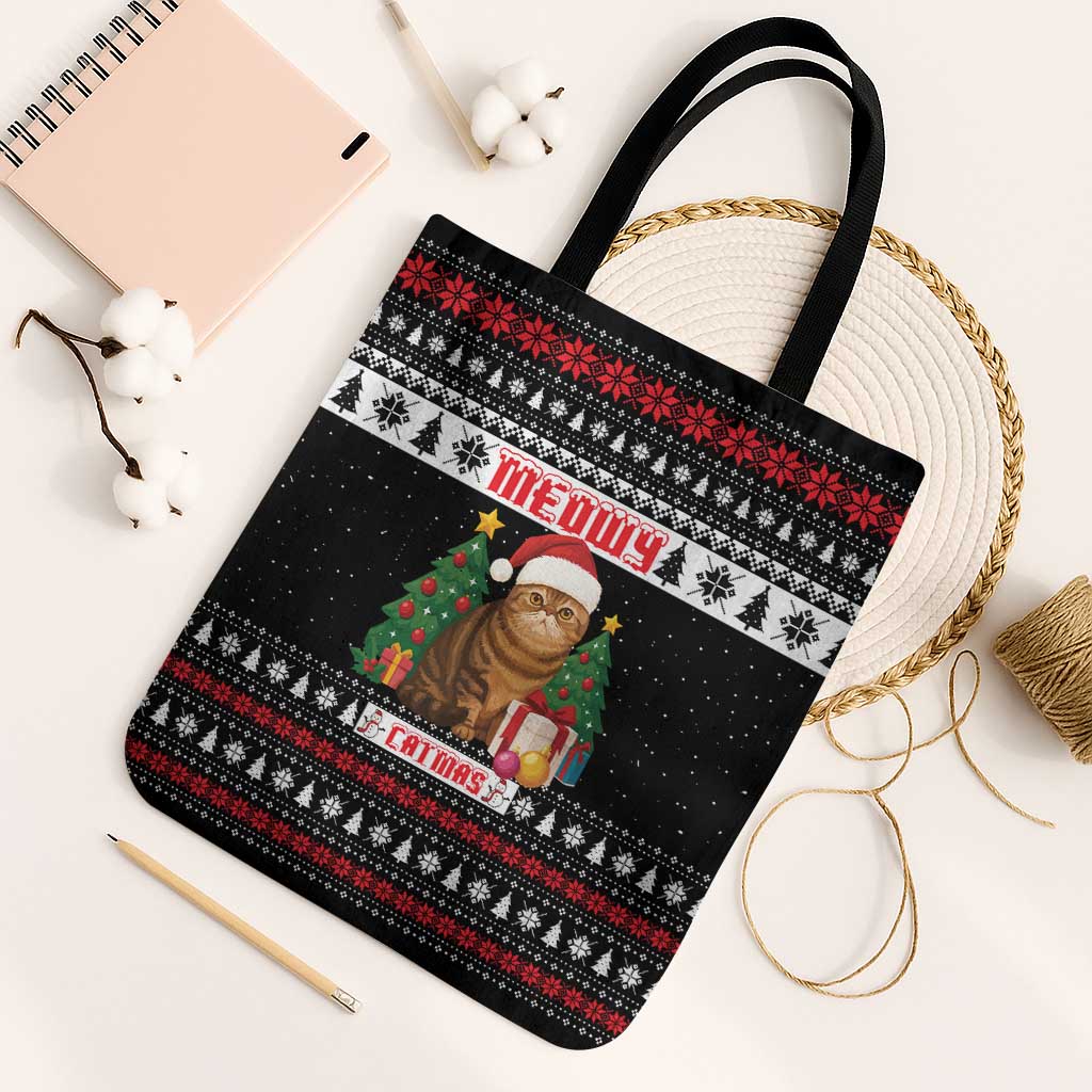 Meowy Catmas Tote Bag with Tabby Cat Santa Hat and Christmas Tree Gift Pattern Design - Wonder Print Shop