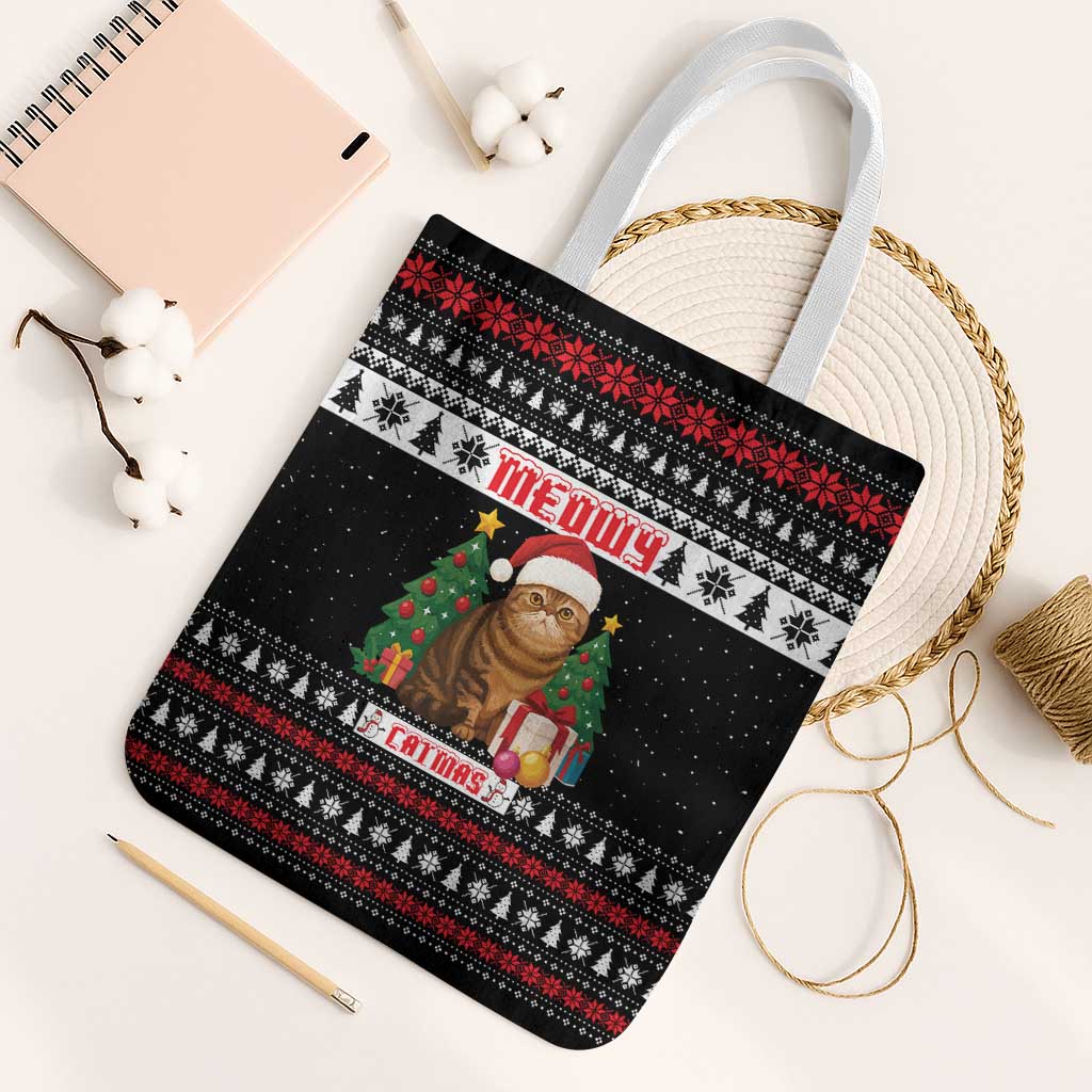 Meowy Catmas Tote Bag with Tabby Cat Santa Hat and Christmas Tree Gift Pattern Design - Wonder Print Shop