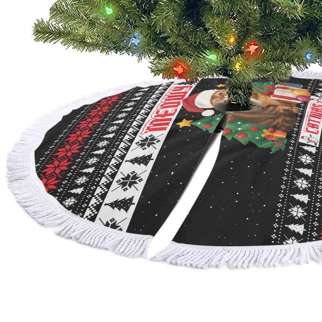 Meowy Catmas Tree Skirt with Tabby Cat Santa Hat and Christmas Tree Gift Pattern Design - Wonder Print Shop