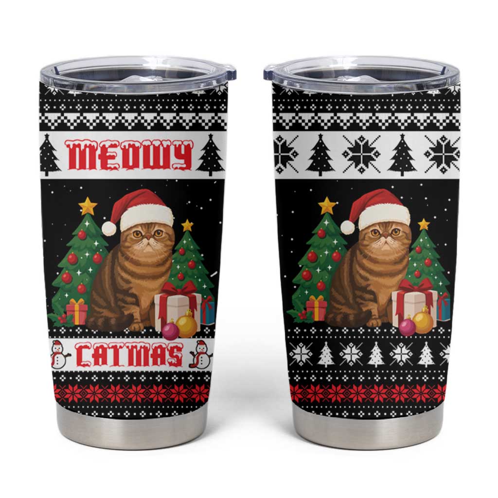 Meowy Catmas Tumbler Cup with Tabby Cat Santa Hat and Christmas Tree Gift Pattern Design - Wonder Print Shop