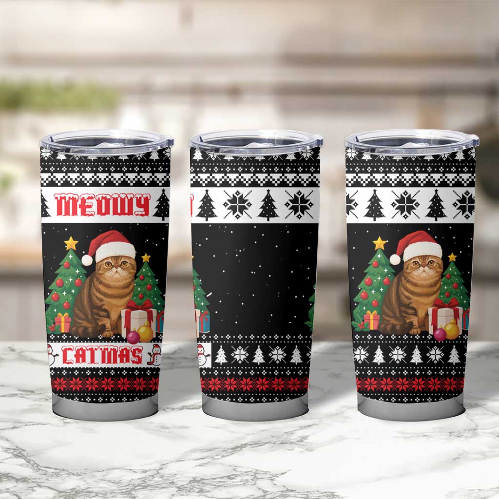 Meowy Catmas Tumbler Cup with Tabby Cat Santa Hat and Christmas Tree Gift Pattern Design - Wonder Print Shop