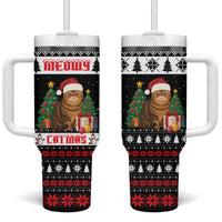 Meowy Catmas Tumbler With Handle with Tabby Cat Santa Hat and Christmas Tree Gift Pattern Design - Wonder Print Shop