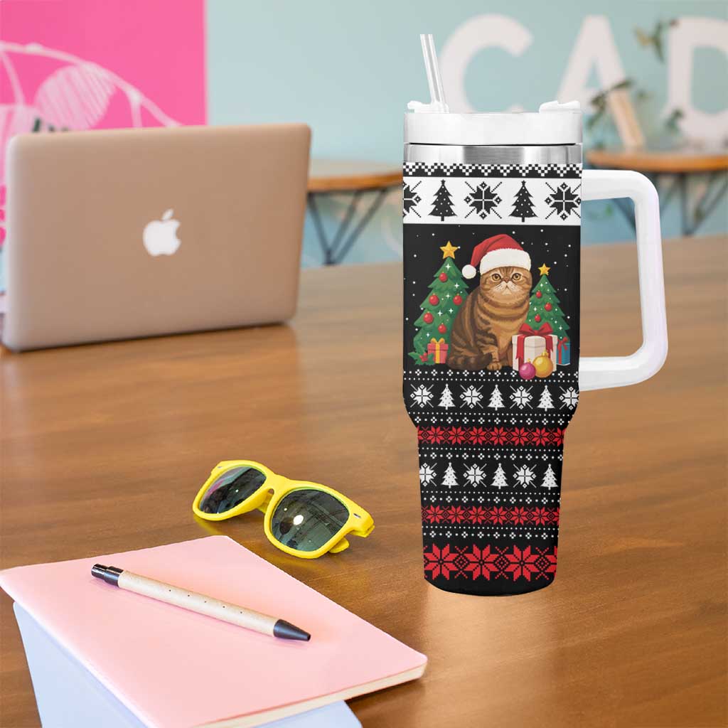 Meowy Catmas Tumbler With Handle with Tabby Cat Santa Hat and Christmas Tree Gift Pattern Design - Wonder Print Shop