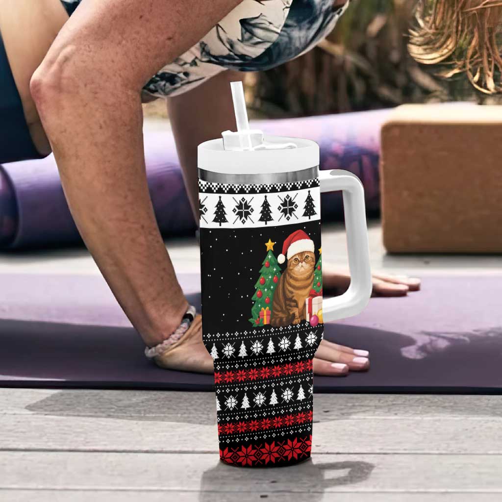 Meowy Catmas Tumbler With Handle with Tabby Cat Santa Hat and Christmas Tree Gift Pattern Design - Wonder Print Shop