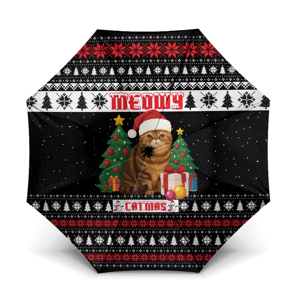 Meowy Catmas Umbrella with Tabby Cat Santa Hat and Christmas Tree Gift Pattern Design - Wonder Print Shop