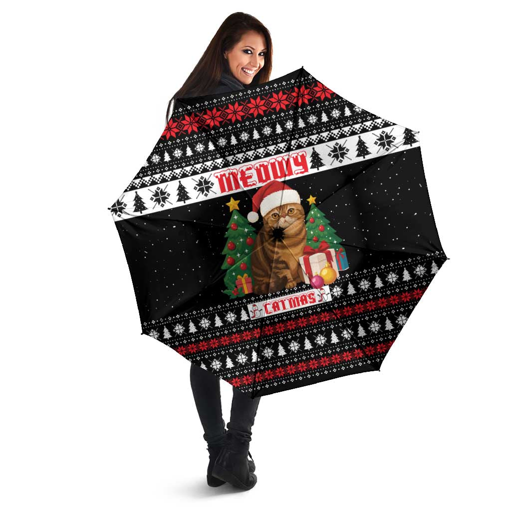 Meowy Catmas Umbrella with Tabby Cat Santa Hat and Christmas Tree Gift Pattern Design - Wonder Print Shop