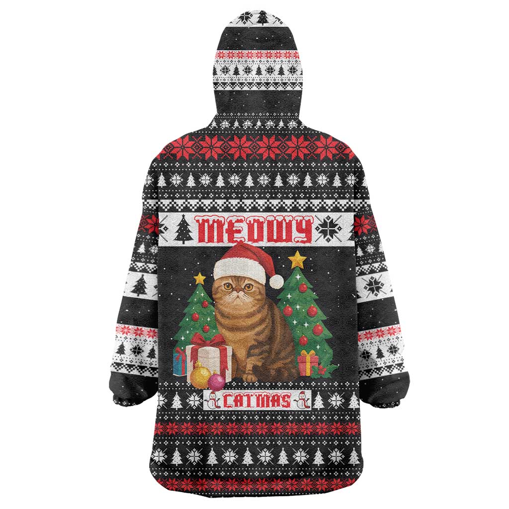 Meowy Catmas Wearable Blanket Hoodie with Tabby Cat Santa Hat and Christmas Tree Gift Pattern Design - Wonder Print Shop