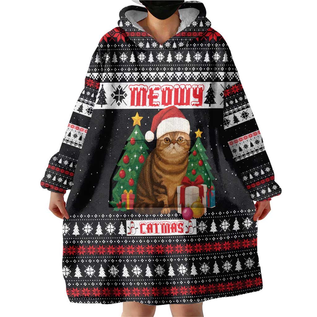 Meowy Catmas Wearable Blanket Hoodie with Tabby Cat Santa Hat and Christmas Tree Gift Pattern Design - Wonder Print Shop