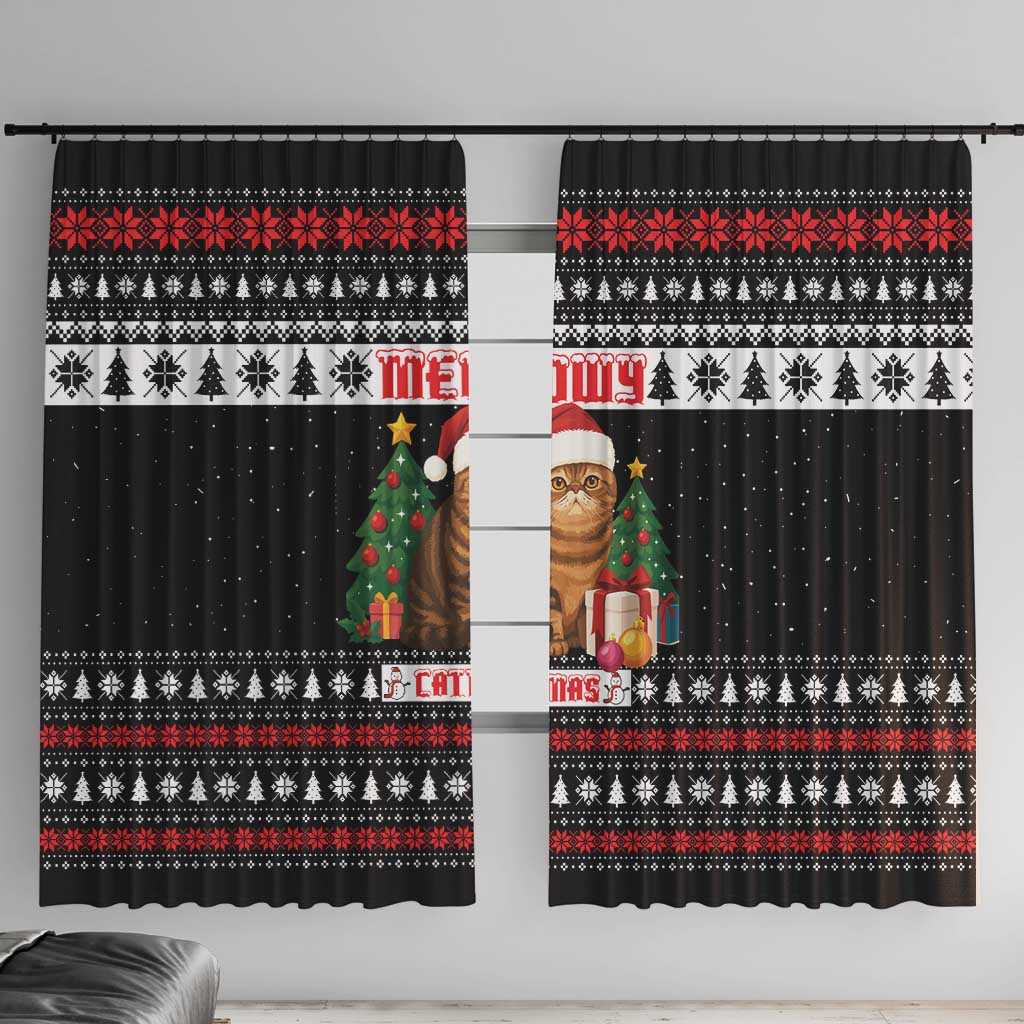 Meowy Catmas Window Curtain with Tabby Cat Santa Hat and Christmas Tree Gift Pattern Design - Wonder Print Shop