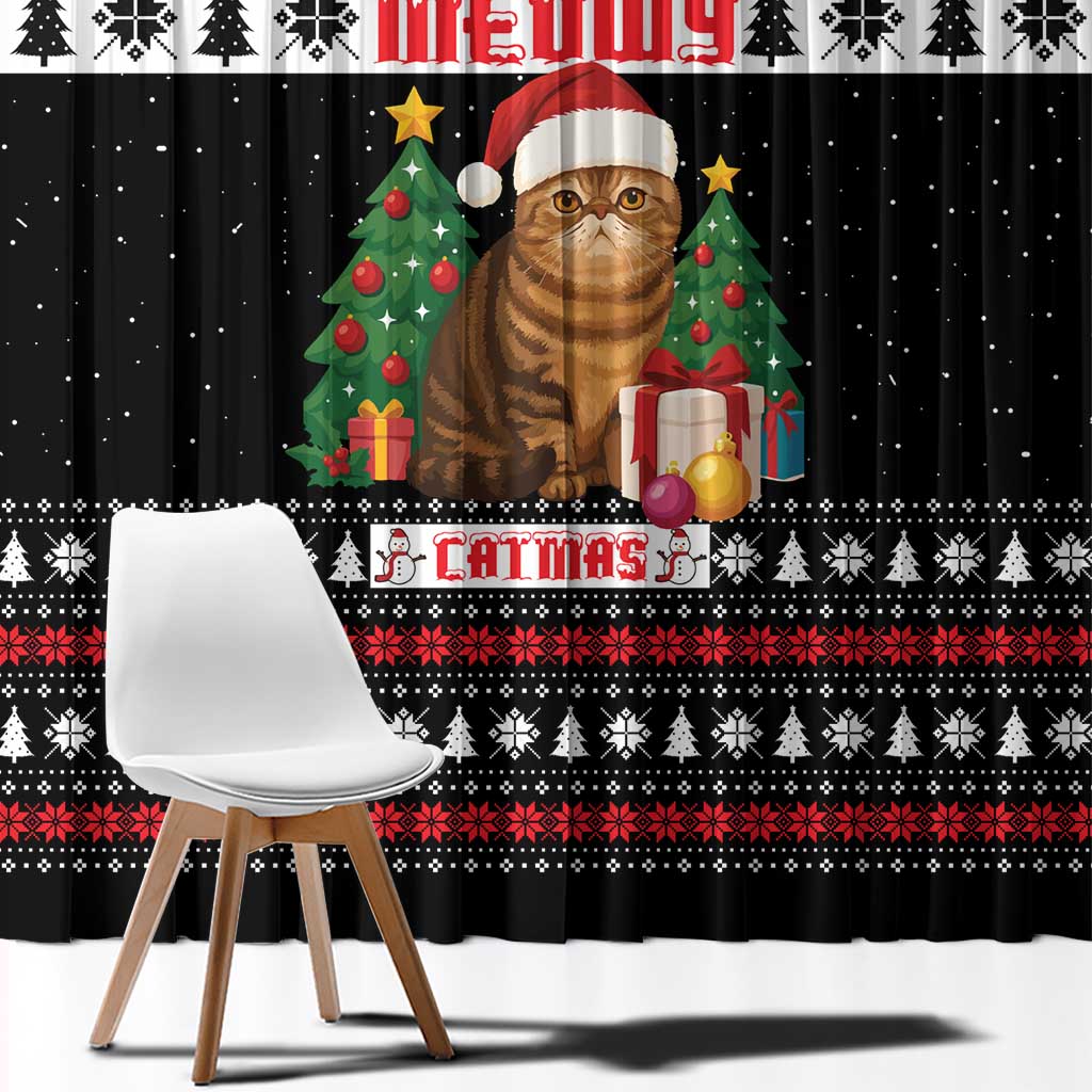 Meowy Catmas Window Curtain with Tabby Cat Santa Hat and Christmas Tree Gift Pattern Design - Wonder Print Shop